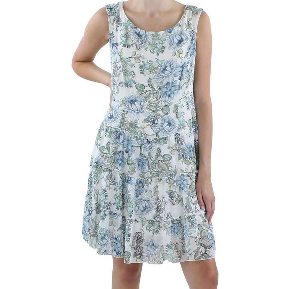 Connected Petite Tiered Chiffon Fit & Flare Blue Floral Dress Women's Size 8P - Picture 1 of 7